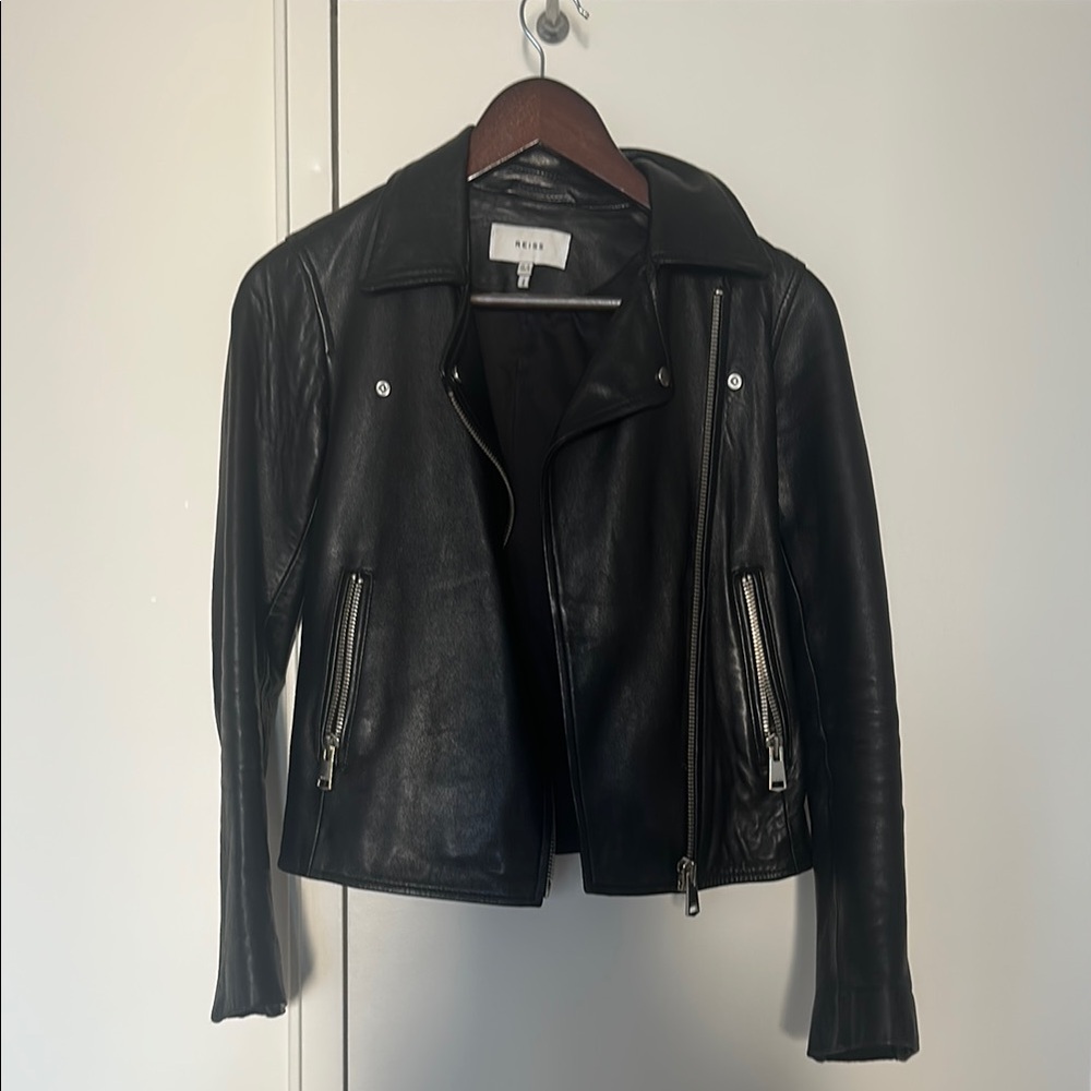Reiss Geo Black Leather Jacket size 0